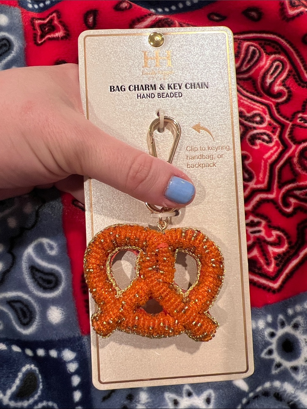 Beaded pretzel bag charm and key chain